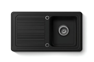 Obraz premium Top-down view of a black kitchen sink with a drainboard and a circular basin. Realistic graphic