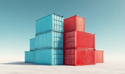 Two stacks of weathered shipping containers, teal and red, stand on a pale surface against a clear sky, suggesting global trade and logistics