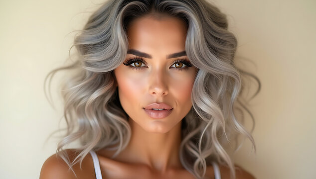 a woman with long, wavy gray hair and intense blue eyes, detailed portrait, highly realistic, soft lighting, cinematic, masterful composition, evocative, enchanting gaze, 4K and HD image
