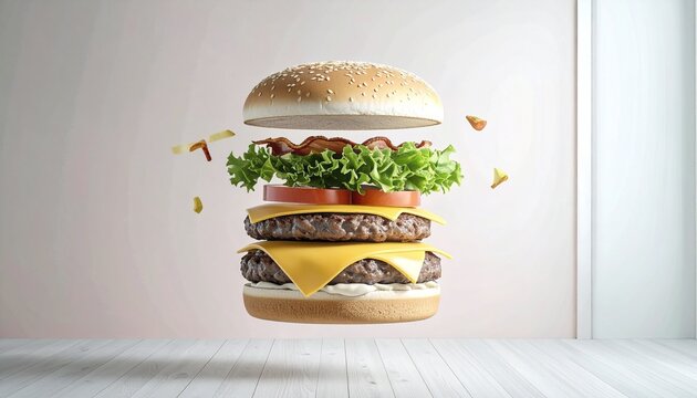 hamburguesa levitando, con los ingredientes perfectamente separados en capas flotantes
