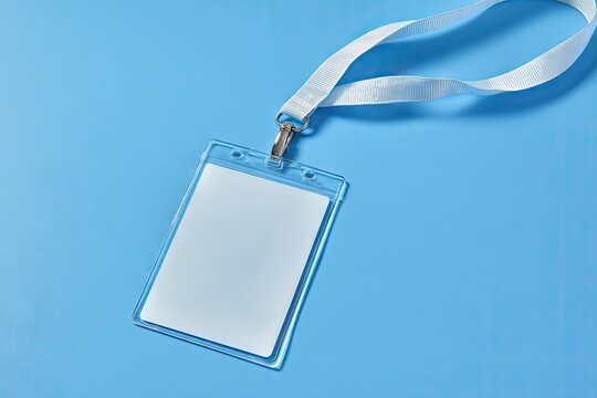 Blank white ID card in clear plastic holder hangs from a white lanyard against a light blue background