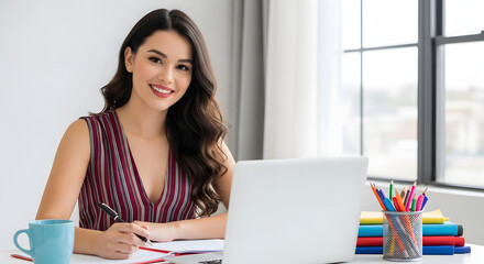 Smiling Woman Working on Laptop at Desk