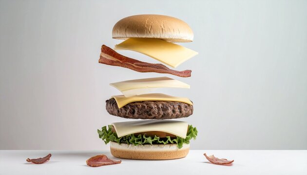 hamburguesa levitando, con los ingredientes perfectamente separados en capas flotantes