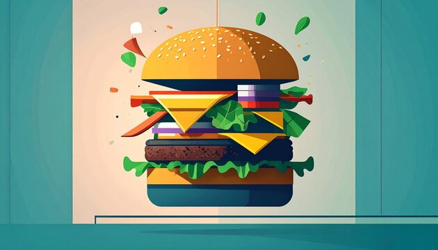hamburguesa levitando, con los ingredientes perfectamente separados en capas flotantes