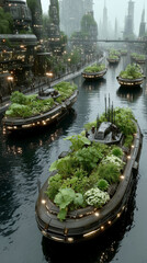 Fototapeta premium Futuristic cityscape with lush green floating gardens on boats in a canal, surrounded by modern eco-friendly skyscrapers.
