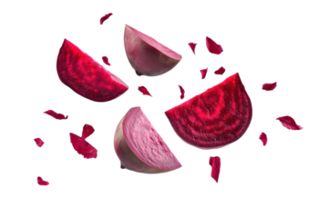 Floating red beetroot with half slices and scattered petals captured in a bright, minimalist setting on a white background