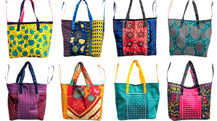 Patterned Tote Bags in Vibrant Colors on the Transparent Background