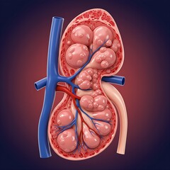A human kidney with multiple large, fluid-filled cysts, symbolizing severe polycystic kidney disease (PKD).