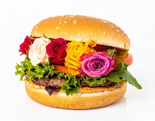 An imaginative burger filled with colorful roses and foliage, substituting traditional ingredients on white background