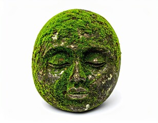 Green Moss Covered Sleeping Stone Face Sculpture on white background
