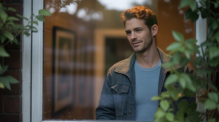 Young caucasian male looking through window surrounded by greenery