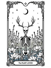 clean, simple tarot card illustration titled The Plant Lover line art of a skeleton sitting in a field of blooming flowers and herbs
