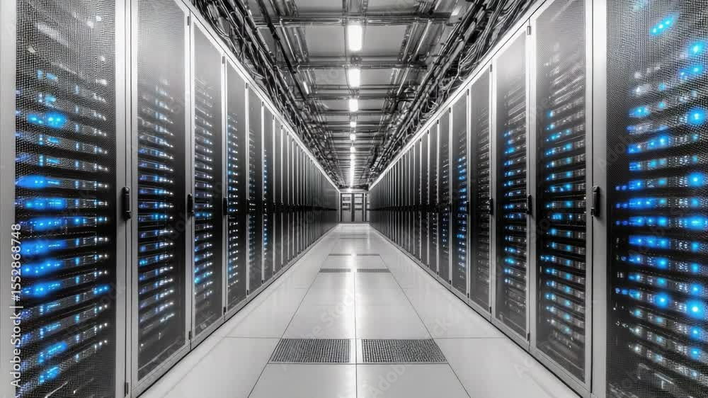 Poster row of servers in a data center facility, high-tech computing equipment