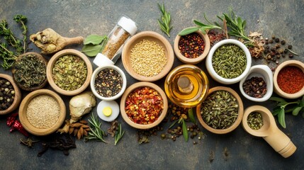Top view of spices herbs and condiments in wooden bowls for culinary kitchen recipe visuals