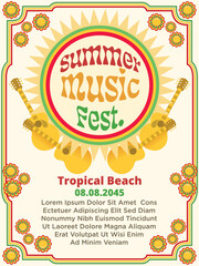 summer music festival poster. retro 70s style text with three color of reggae rawsta and accoustic guitar. accoustic music festival concert flyer template vector illustration