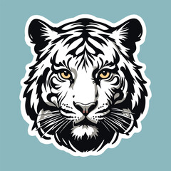 Striking White Tiger Head Illustration with Detailed Stripes and Golden Eyes on a Light Blue Background