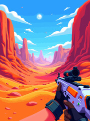 first person perspective screenshot from a realistic FPP game set in a desert setting 100 years the future 