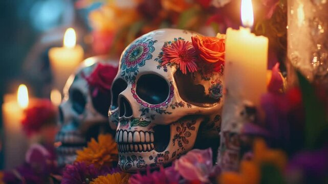 A group of skulls arranged side by side, often used in decorative or symbolic contexts