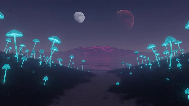 Glowing mushrooms populate a surreal landscape at night