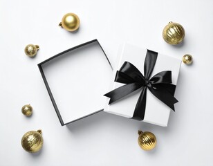 christmas card with gift box and baubles isolated