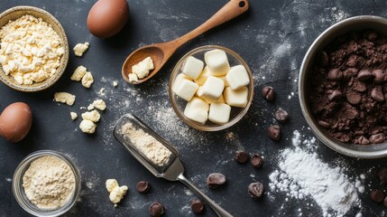 Top view of baking ingredients and tools on dark surface for kitchen recipe and food visuals