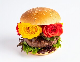 An imaginative burger filled with colorful roses and foliage, substituting traditional ingredients on white background
