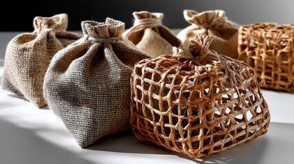 Obraz premium Collection of jute and linen fabric sacks on neutral background for packaging and rustic product visuals