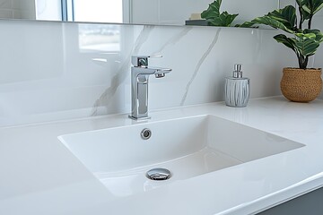Fototapeta premium Modern bathroom scene white sink with chrome faucet & dispenser, marble backsplash, potted plant