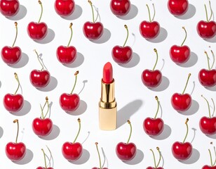 Summer creative pattern with bright red cherries and golden lipstick on white  background