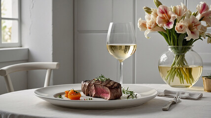 home scene of marble dining table with barbecue steak drink glass and saffron floral arrangement in vase peaceful light modern cozy interior look Premium Food Stock Photo Background Wallpaper