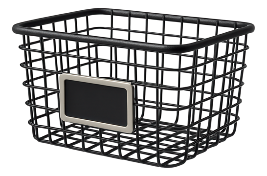 Wire basket with a chalkboard label for categorizing and storing baking supplies in a pantry.