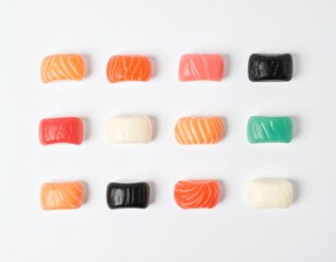 set of sushi on pastel white background