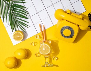 Summer creative layout with cocktail glass, lemons, drinking straws, ice cubes and yellow retro telephone with palm leaf on bright yellow and plaid background
