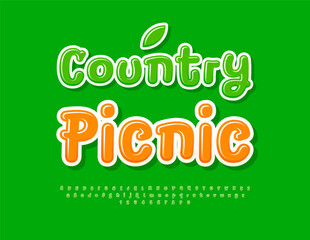 Vector Creative logo Country Picnic. Glossy Green Font. Playful Digital Alphabet Letters and Numbers set.
