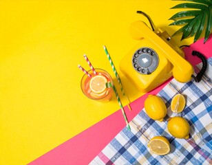 Summer creative layout with cocktail glass, lemons, drinking straws, ice cubes and yellow retro telephone with palm leaf on bright yellow and plaid background