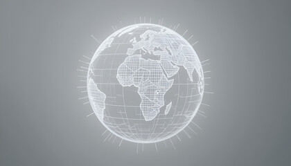 Digital earth globe with continents outlined in white on a gray background and radiating lines around it .