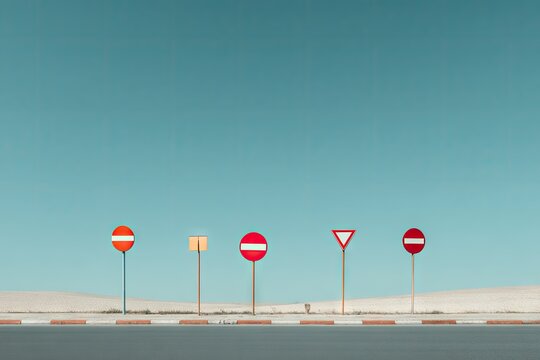 Five road signs of varying shapes and colors stand in a row against a clear, pale blue sky and a flat, sandy landscape. A roadside curb separates the signs from the asphalt - Powered by Adobe