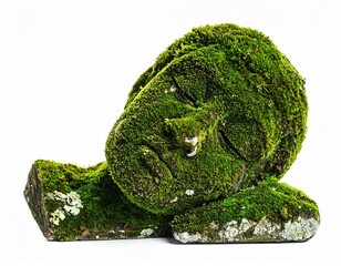 Green Moss Covered Sleeping Stone Face Sculpture on white background