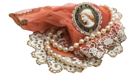 Victorian Cameo Brooch and Lace Handkerchief on the Transparent Background