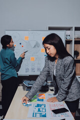Group of young application developers analyzing uxui mobile app templates during a working meeting