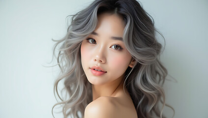 Naklejka premium woman, long wavy hair, curly hair, gray hair, tan skin, warm expression, natural makeup, headshot, studio lighting, high quality, detailed, 4K and HD image