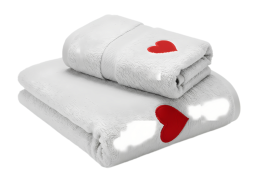 Soft Grey Towels with Embroidered Hearts isolated on transparent background