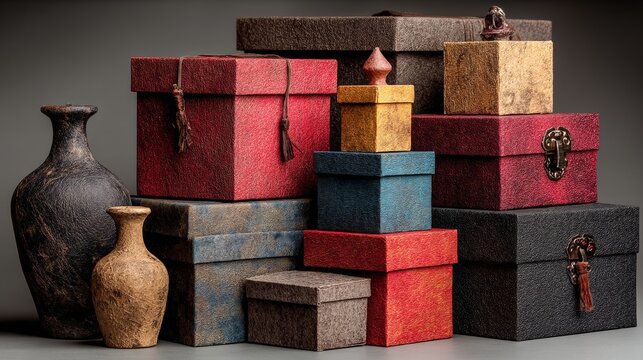 Stacked colorful gift boxes and rustic pottery on table for festive celebration packaging visuals