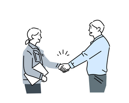 Business person shaking hands with a man and a woman in work clothes - Negotiation - Contract - Success Simple vector illustration of hands only.握手をする作業着の男女ー交渉成立ー契約ー成功ービジネスパーソン　手だけのシンプルベクターイラスト素材