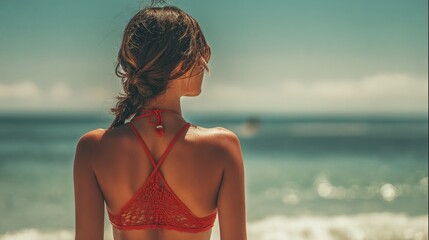 Back view of a woman in bikini holding a coconut, standing on beach. 
