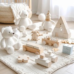 A colorful collection of children's toys arranged neatly on a soft play mat, including building blocks, stuffed animals, and wooden puzzles, bright lighting, cheerful atmosphere, ultra-detailed
