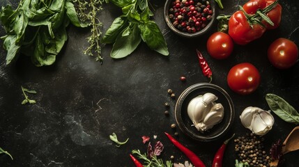 Flatlay of tomatoes chili peppers garlic and herbs on dark kitchen table for recipe visuals