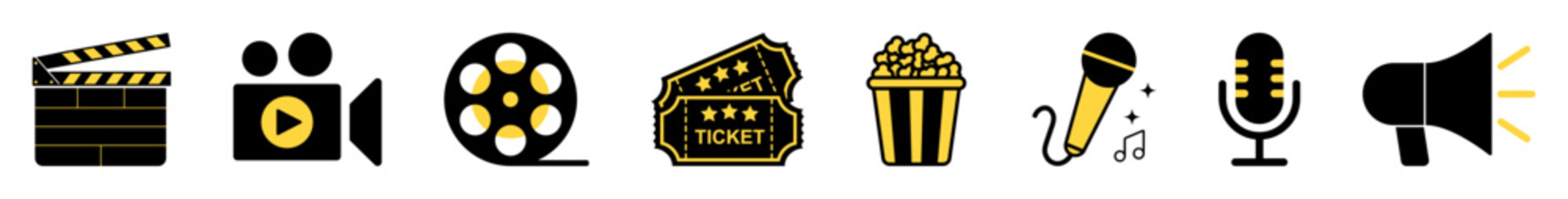 Vector set of 8 cinema and entertainment icons including clapper board, camera, film reel, ticket, popcorn, microphone, and megaphone. Perfect for movies, media, music, events, and promotions.
