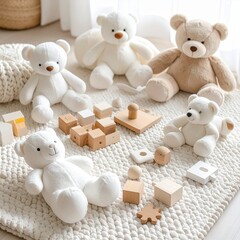A colorful collection of children's toys arranged neatly on a soft play mat, including building blocks, stuffed animals, and wooden puzzles, bright lighting, cheerful atmosphere, ultra-detailed