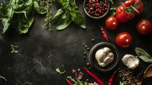 Flatlay of tomatoes chili peppers garlic and herbs on dark kitchen table for recipe visuals - Powered by Adobe